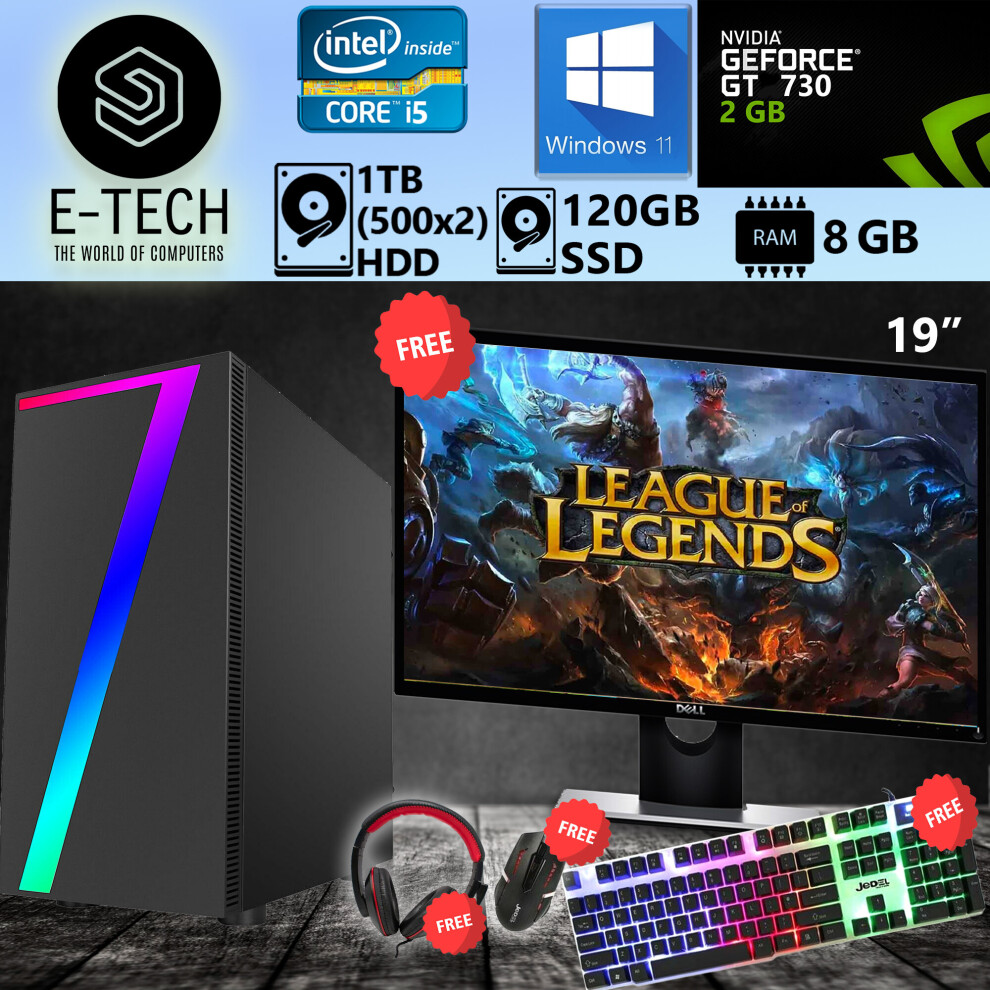 Refurbished Gaming PC Computer Bundle Intel Core i5 8GB 1TB HDD+120 SSD GT 730 W11 